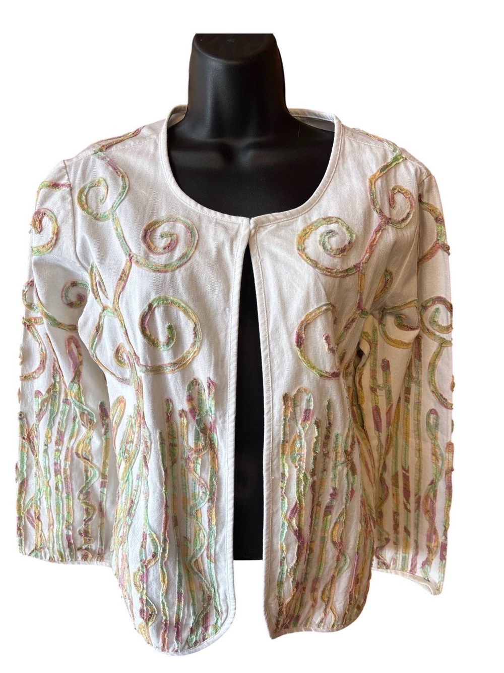 KEREN hart White Open-Front Embroidered Cardigan with Pastel Accents